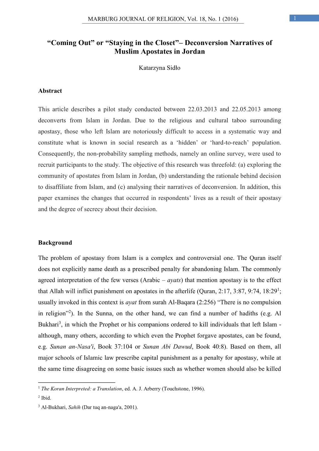 “Coming Out” Or “Staying in the Closet”– Deconversion Narratives of Muslim Apostates in Jordan