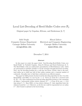 Local List-Decoding of Reed-Muller Codes Over F2 Original Paper by Gopalan, Klivans, and Zuckerman [6, 7]