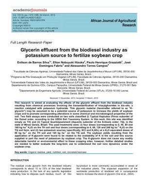 Glycerin Effluent from the Biodiesel Industry As Potassium Source to Fertilize Soybean Crop