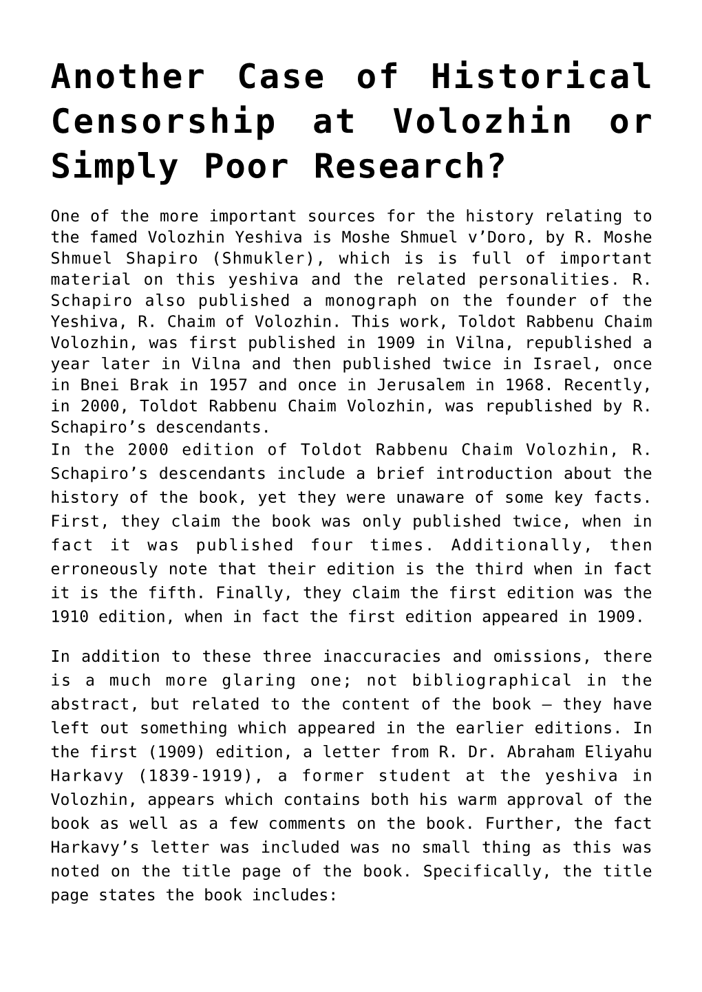 Another Case of Historical Censorship at Volozhin Or Simply Poor Research?