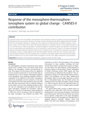 Response of the Mesosphere-Thermosphere- Ionosphere System to Global Change - CAWSES-II Contribution Jan Laštovička1*, Gufran Beig2 and Daniel R Marsh3