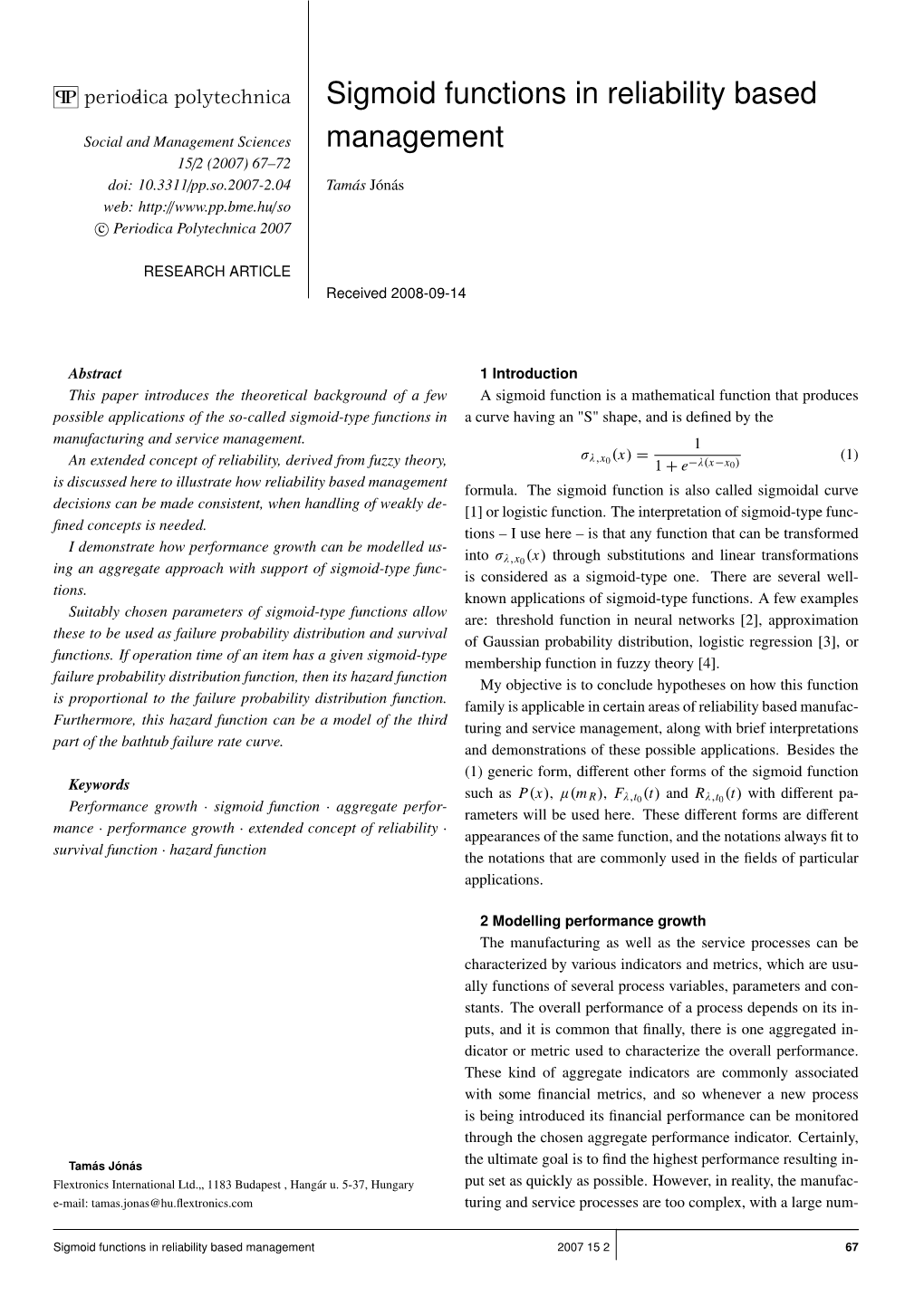 Sigmoid Functions in Reliability Based Management 2007 15 2 67 2.1 the Nature of Performance Growth