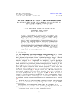 Tourism Destination Competitiveness Evaluation in Sichuan Province Using Topsis Model Based on Information Entropy Weights