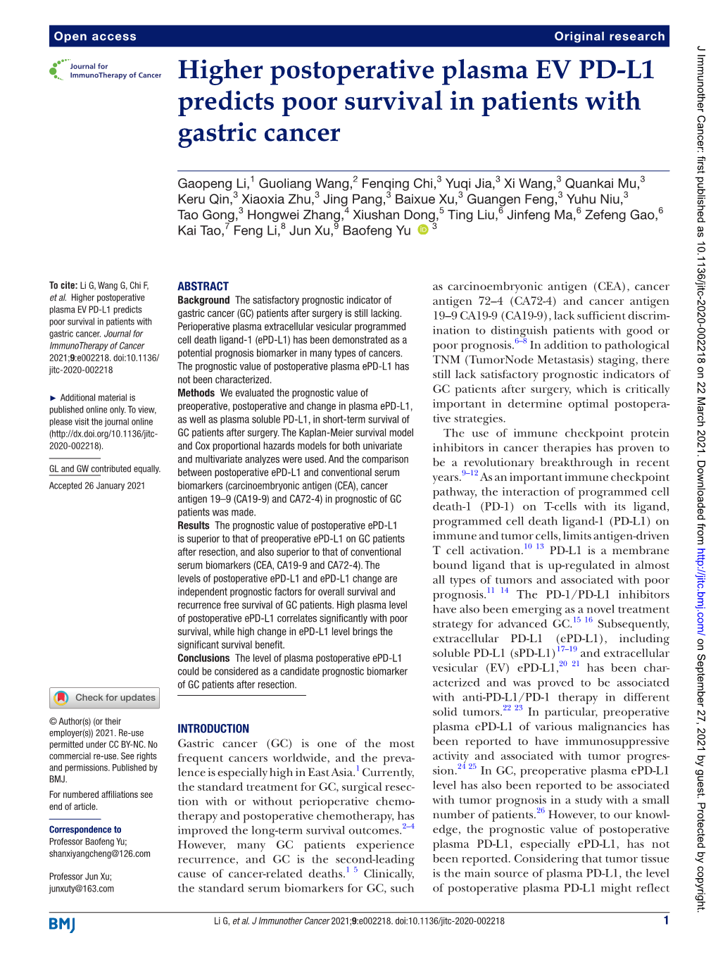 Higher Postoperative Plasma EV PD-L1 Predicts Poor Survival in Patients with Gastric Cancer