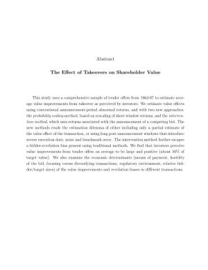 Abstract the Effect of Takeovers on Shareholder Value
