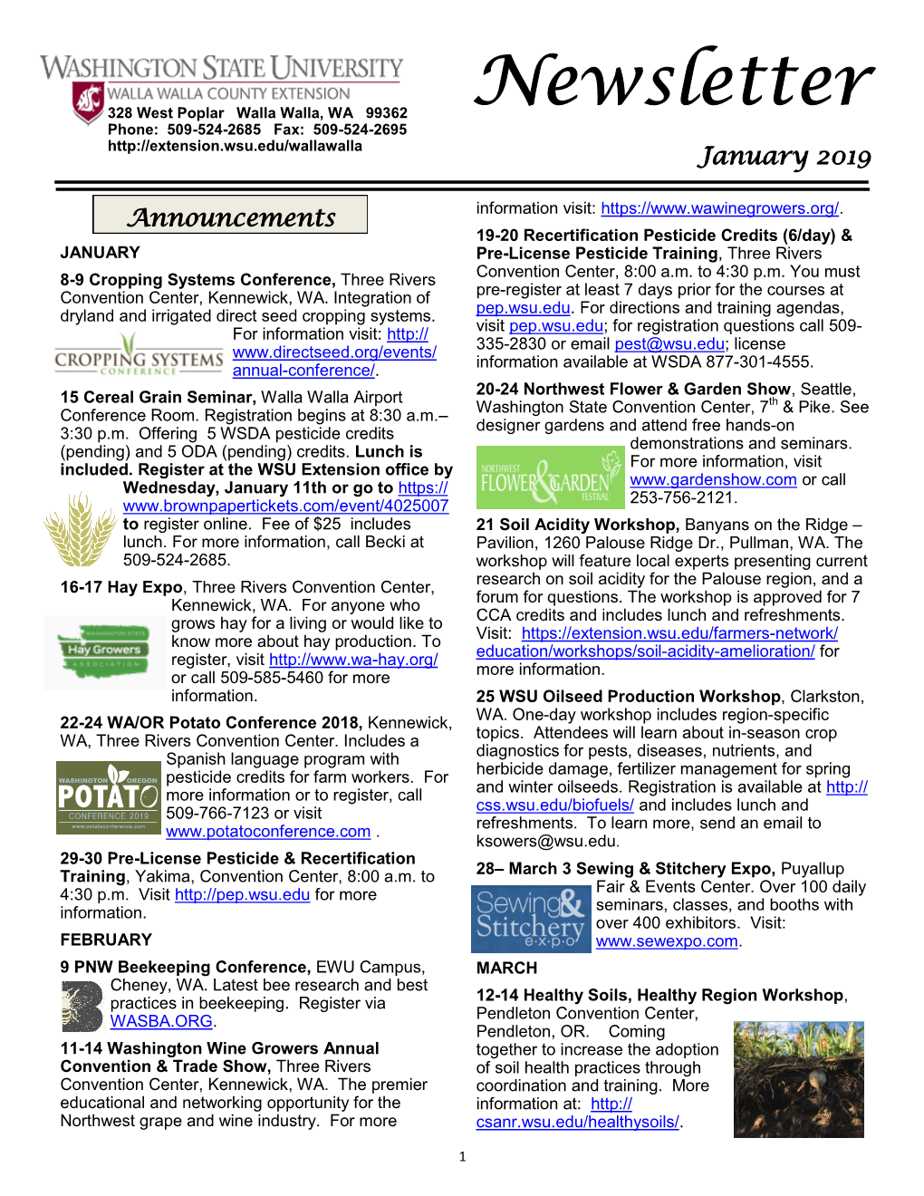 Newsletter Phone: 509-524-2685 Fax: 509-524-2695 January 2019 Information Visit