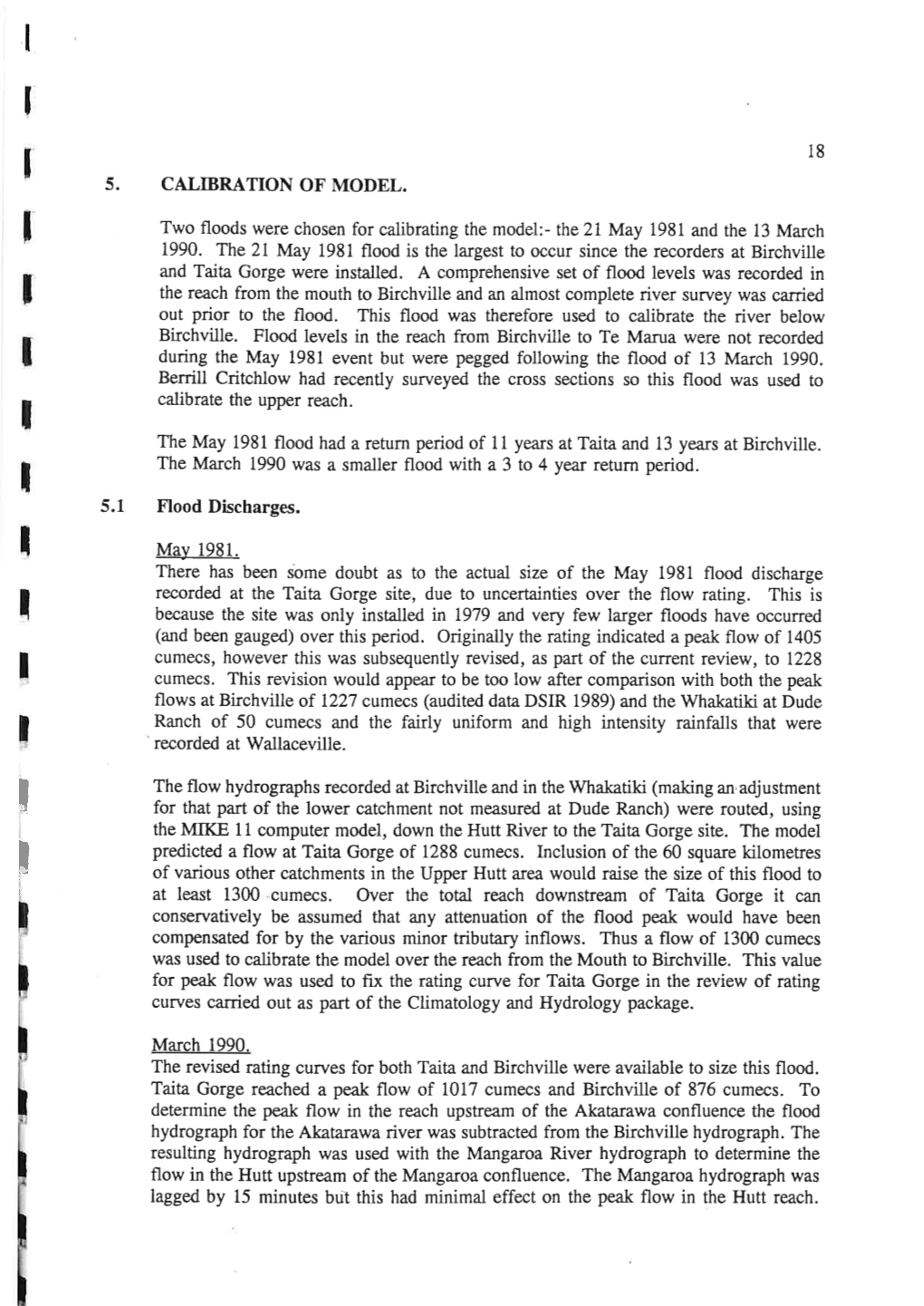 Chville. Flood Levels in the Reach from Birchville to Te Marua Were Not Recorded During the May 1981 Event but Were Pegged Following the Flood of 13 March 1990