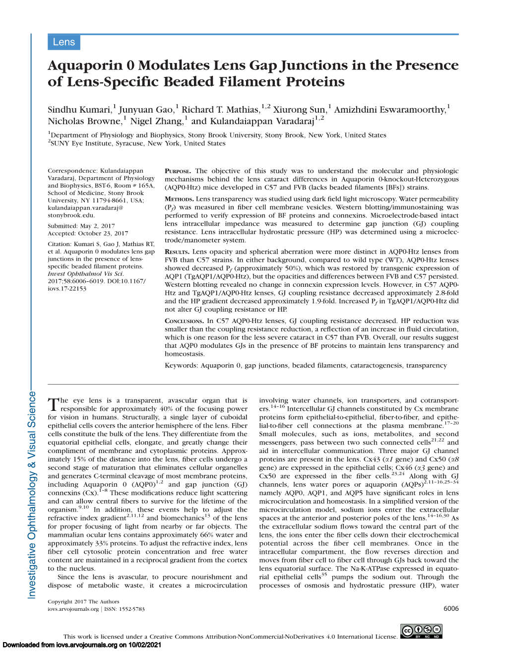 Aquaporin 0 Modulates Lens Gap Junctions in the Presence of Lens-Speciﬁc Beaded Filament Proteins