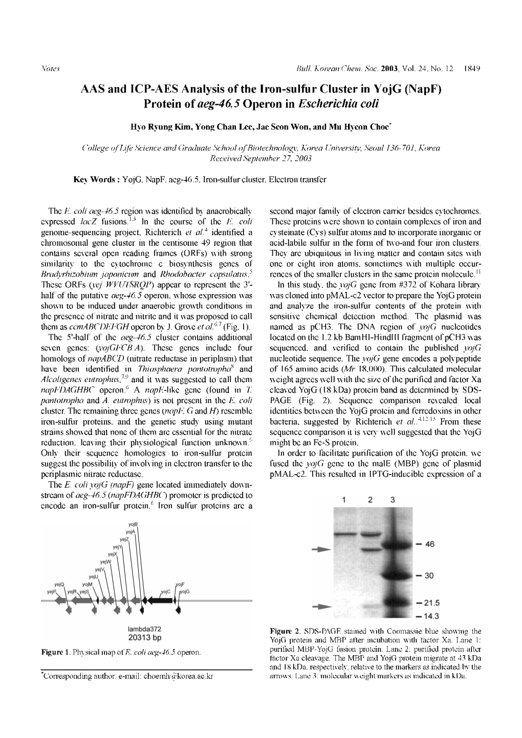 AAS and ICP-AES Analysis of the Iron-Sulfur Cluster in Yojg (Napf) Protein of Aeg-46.5 Operon in Escherichia Coli