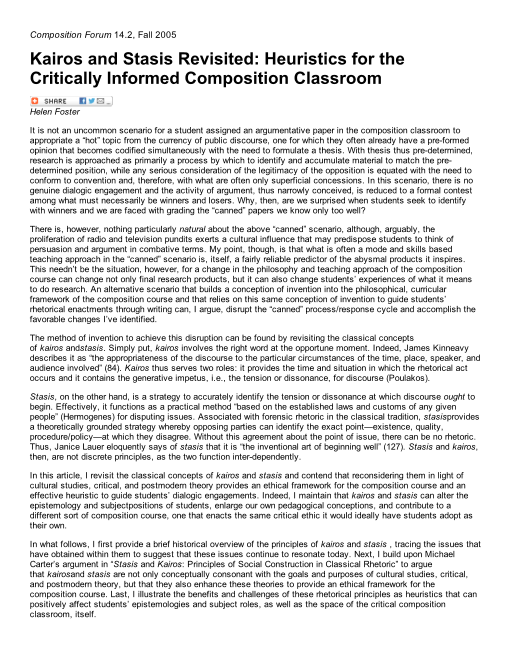 Kairos and Stasis Revisited: Heuristics for the Critically Informed Composition Classroom