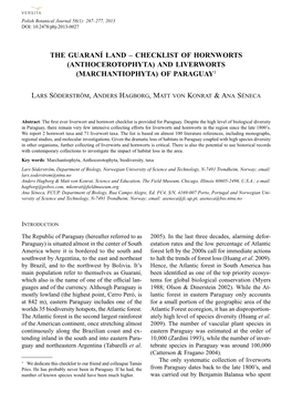 The Guaraní Land – Checklist of Hornworts (Anthocerotophyta) and Liverworts (Marchantiophyta) of Paraguay1