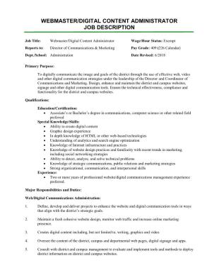 Webmaster/Digital Content Administrator Job Description