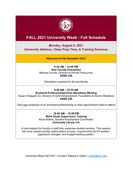 FALL 2021 University Week - Full Schedule
