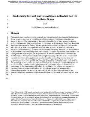 Biodiversity Research and Innovation in Antarctica and the Southern Ocean