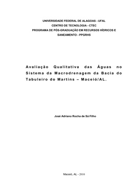 Avaliação Qualitativa Das Águas No Sistema Da Macrodrenagem Da Bacia Do Tabuleiro Do Martins – Maceió/AL