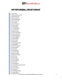 1992 Topps Baseball Card Set Checklist