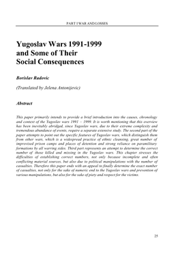 Yugoslav Wars 1991-1999 and Some of Their Social Consequences