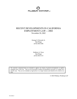 RECENT DEVELOPMENTS in CALIFORNIA EMPLOYMENT LAW -- 2002 November 20, 2002