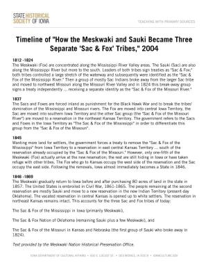 Timeline of "How the Meskwaki and Sauki Became Three Separate 'Sac & Fox' Tribes," 2004