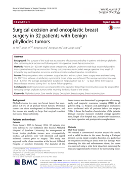Surgical Excision and Oncoplastic Breast Surgery in 32 Patients with Benign Phyllodes Tumors Jie Ren1†, Liyan Jin1,2†, Bingjing Leng1, Rongkuan Hu1 and Guoqin Jiang1*