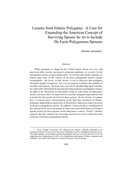 Lessons from Islamic Polygamy: a Case for Expanding the American Concept of Surviving Spouse So As to Include De Facto Polygamous Spouses