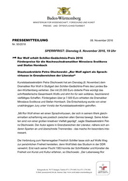 PRESSEMITTEILUNG SPERRFRIST: Dienstag 8. November 2016, 19