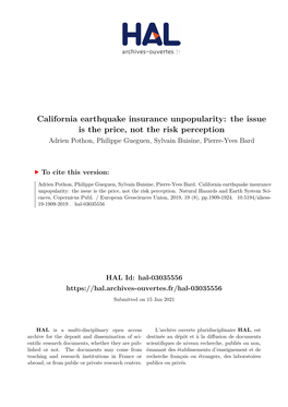 California Earthquake Insurance Unpopularity: the Issue Is the Price, Not the Risk Perception Adrien Pothon, Philippe Gueguen, Sylvain Buisine, Pierre-Yves Bard