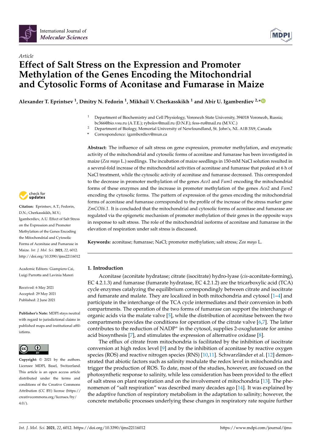 Effect of Salt Stress on the Expression and Promoter Methylation of the Genes Encoding the Mitochondrial and Cytosolic Forms of Aconitase and Fumarase in Maize