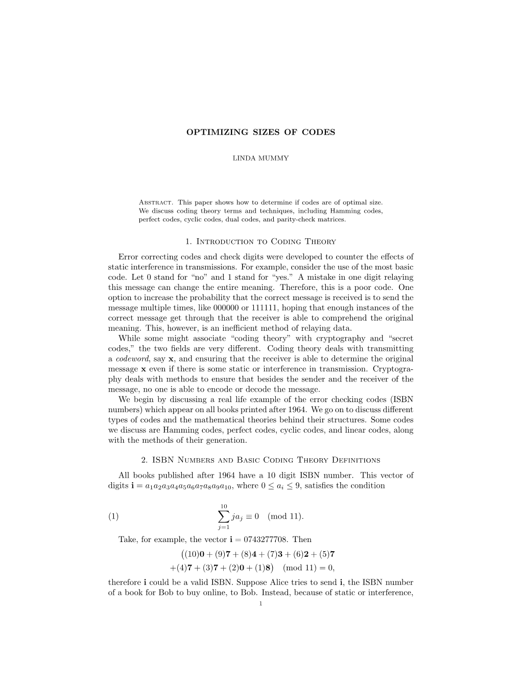 OPTIMIZING SIZES of CODES 1. Introduction to Coding Theory Error