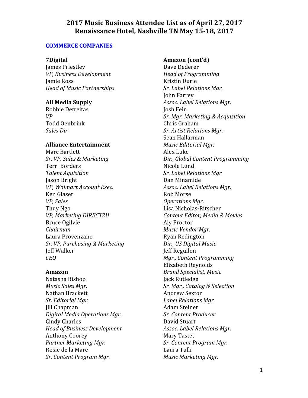 2017 Music Business Attendee List As of April 27, 2017 Renaissance Hotel, Nashville TN May 15-18, 2017