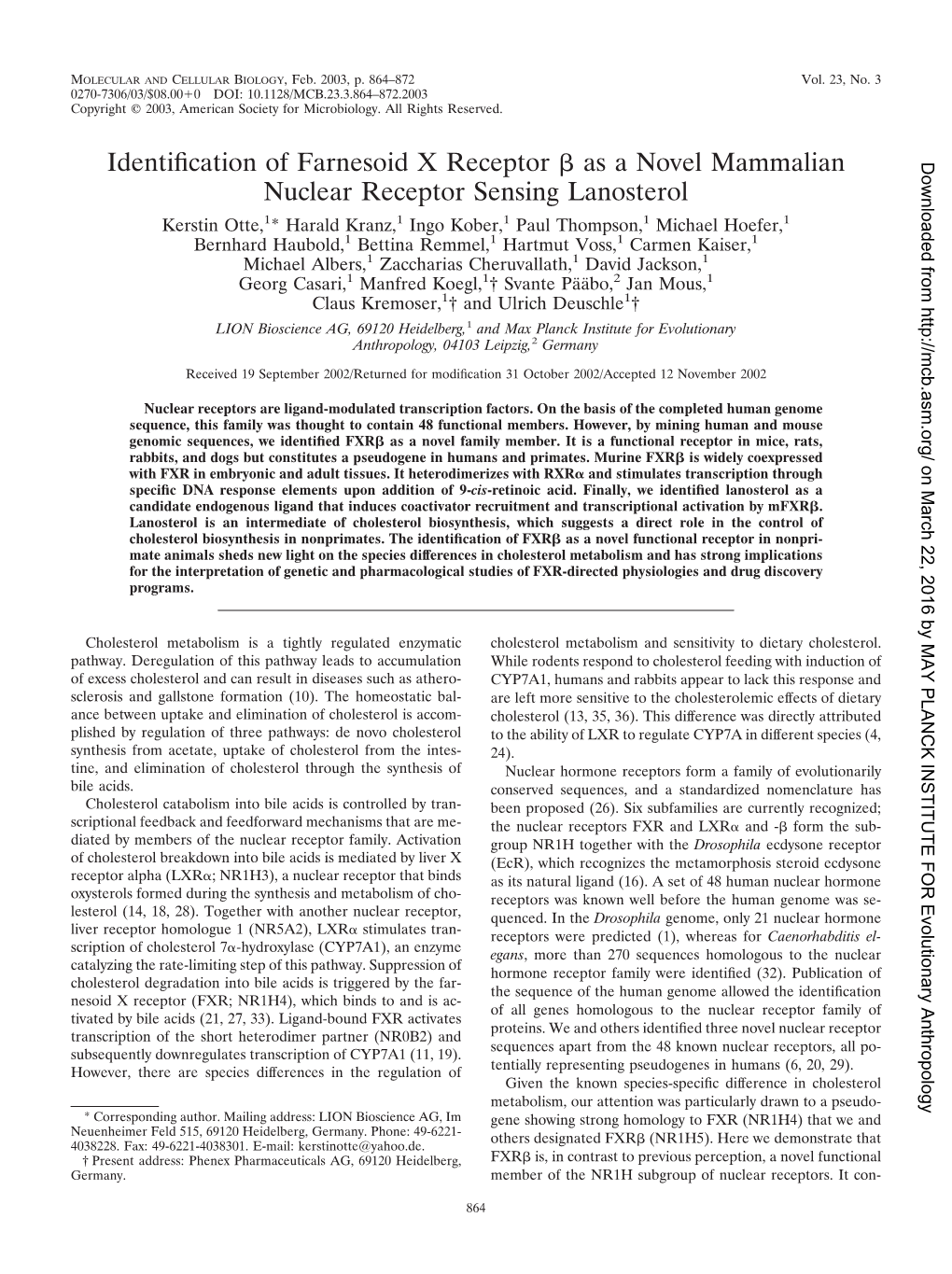 Identification of Farnesoid X Receptor Β As a Novel Mammalian Nuclear Receptor Sensing Lanosterol