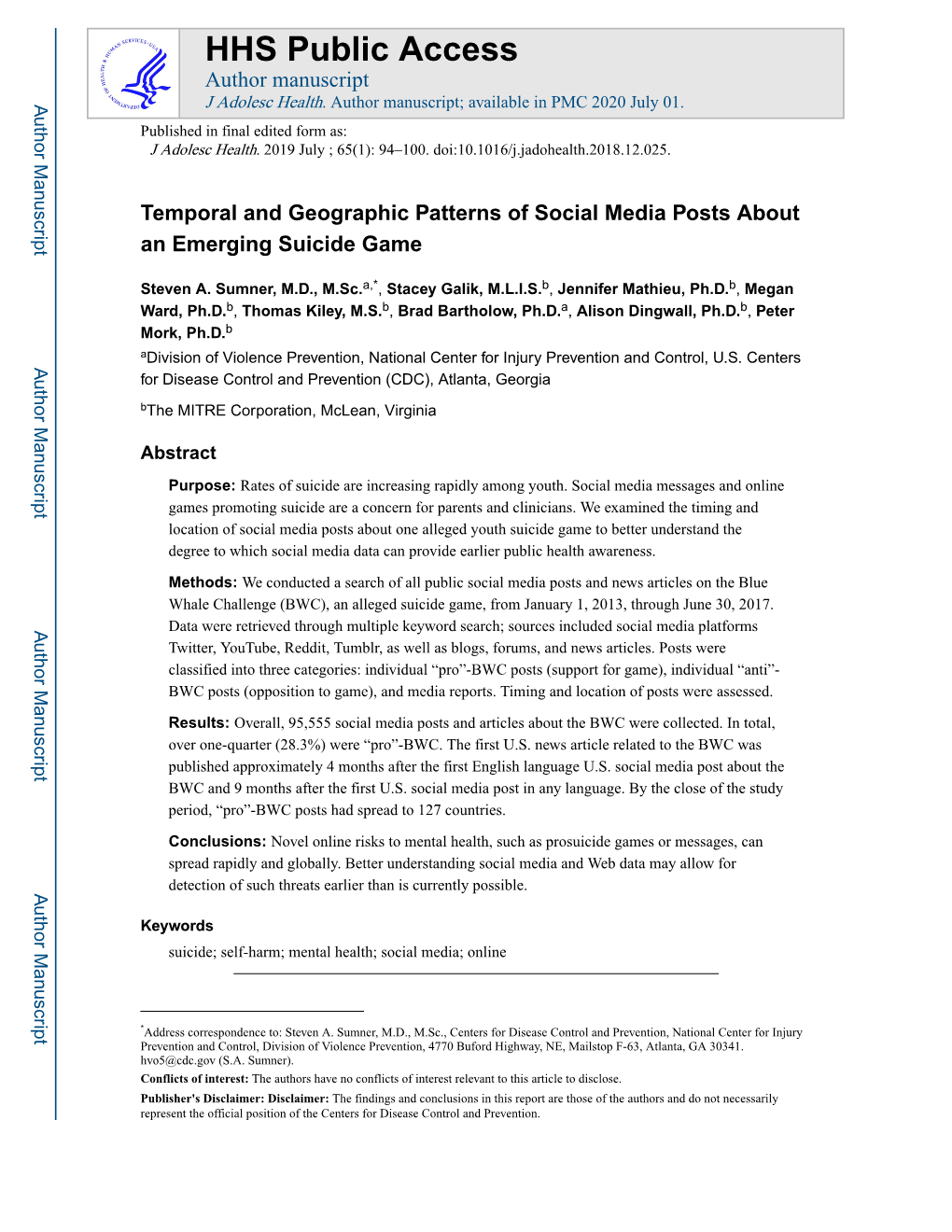 Temporal and Geographic Patterns of Social Media Posts About an Emerging Suicide Game