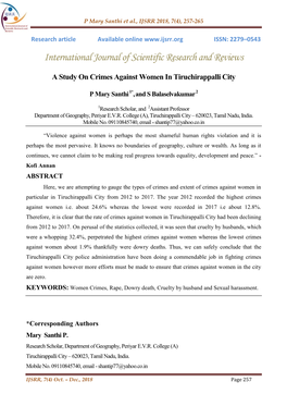 A Study on Crimes Against Women in Tiruchirappalli City