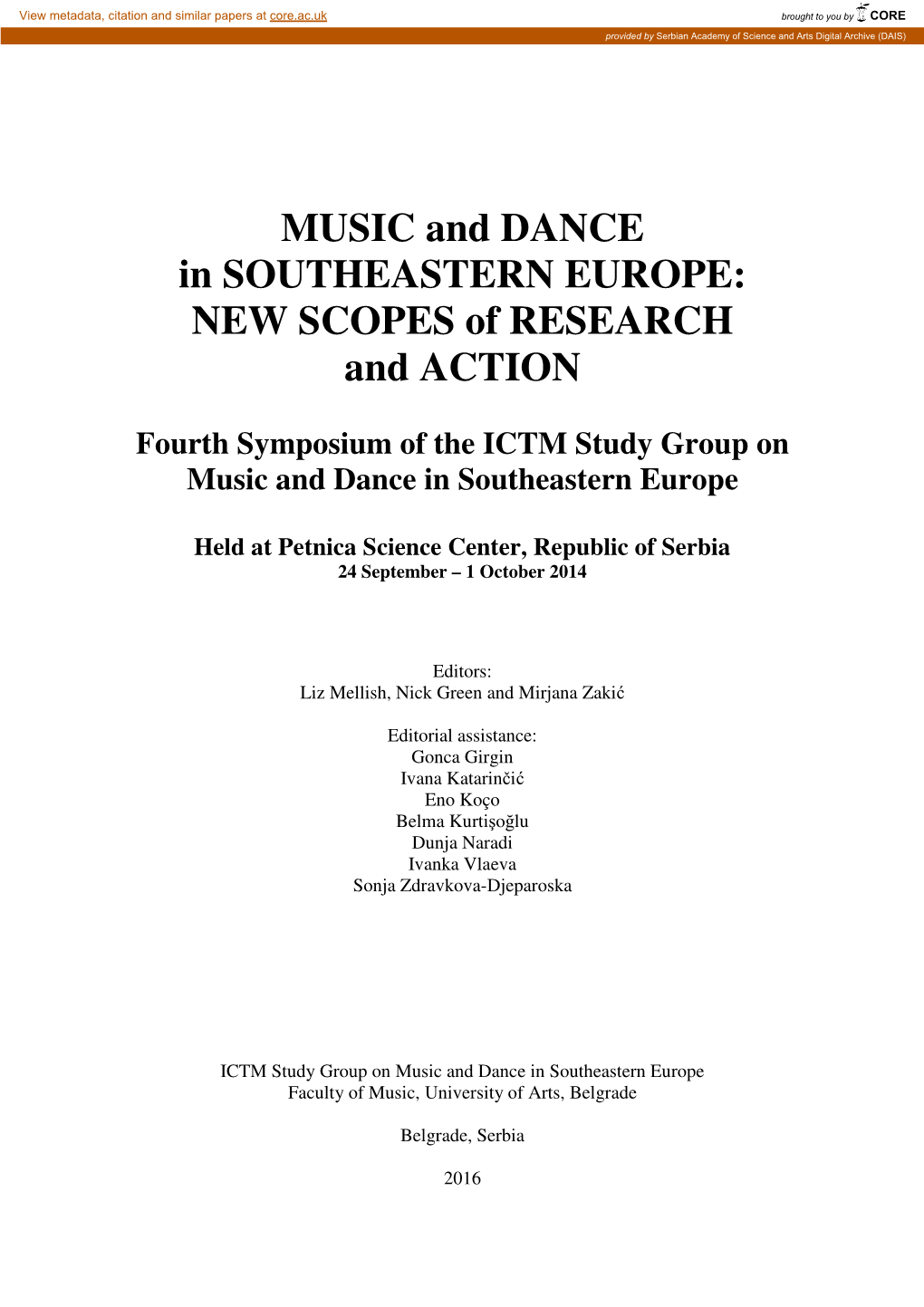 MUSIC and DANCE in SOUTHEASTERN EUROPE: NEW SCOPES of RESEARCH and ACTION