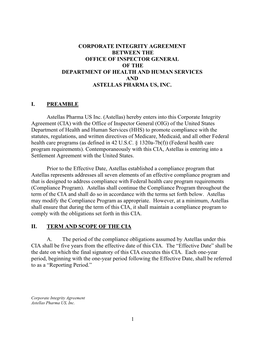 Astellas Pharma US, Inc. Corporate Integrity Agreement