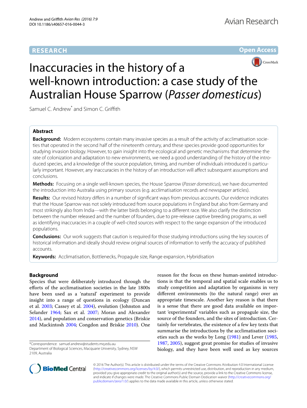 A Case Study of the Australian House Sparrow (Passer Domesticus) Samuel C