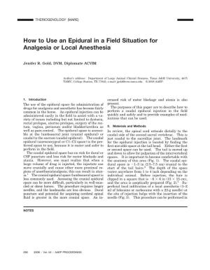 How to Use an Epidural in a Field Situation for Analgesia Or Local Anesthesia