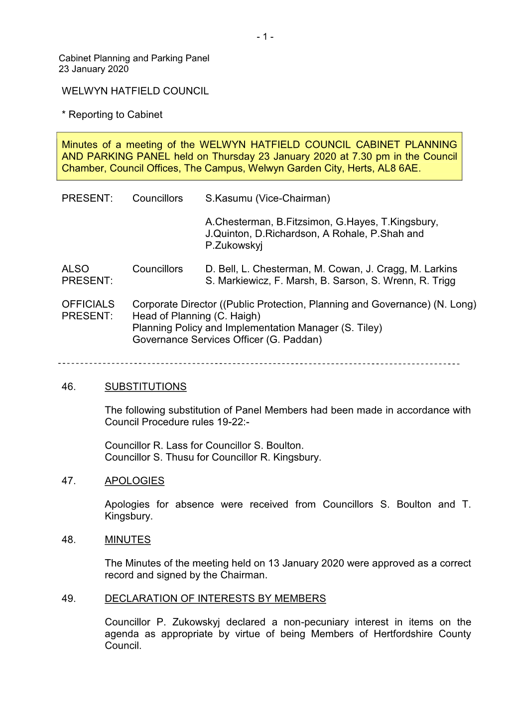 Report to Cabinet Planning and Parking Panel 23 Jan 2020