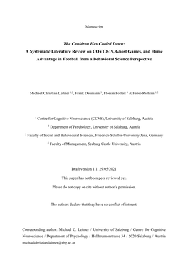 A Systematic Literature Review on COVID-19, Ghost Games, and Home Advantage in Football from a Behavioral Science Perspective