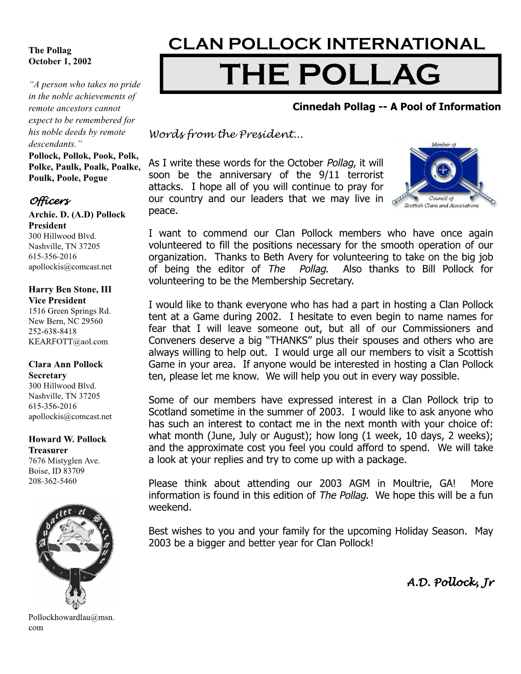 The Pollag CLAN POLLOCK INTERNATIONAL October 1, 2002