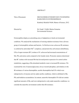 ABSTRACT Title of Document: MECHANISMS of RESISTANCE to IONIZING RADIATION in EXTREMOPHILES Kimberly Michelle Webb, Master of S