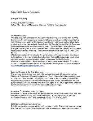 Subject: 2013 Summer News Letter Namgyal Monastery Institute Of