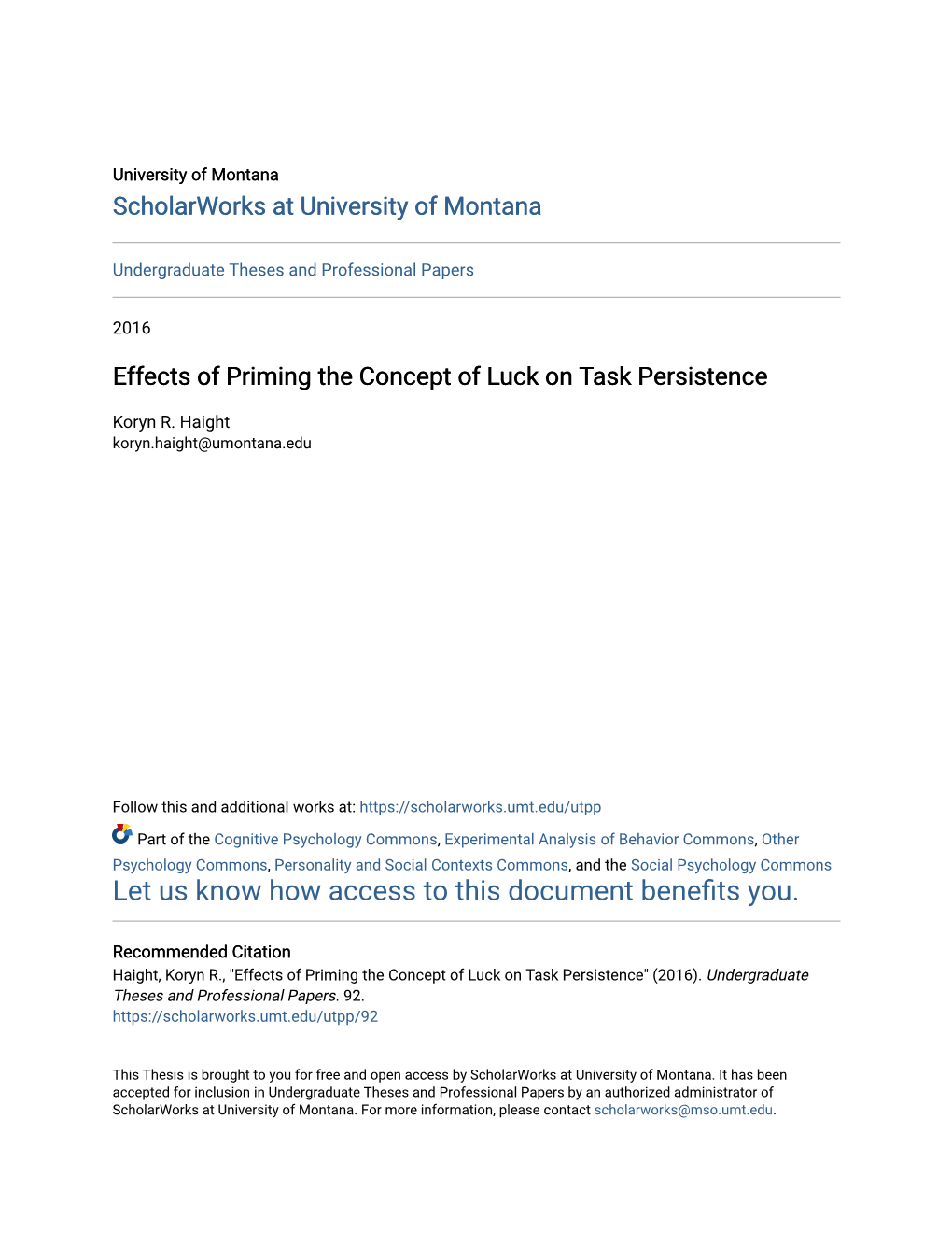 Effects of Priming the Concept of Luck on Task Persistence