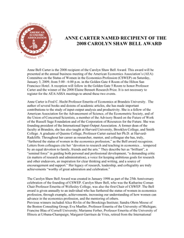 Anne Carter Named Recipient of the 2008 Carolyn Shaw Bell Award