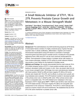 A Small Molecule Inhibitor of ETV1, YK-4- 279, Prevents Prostate