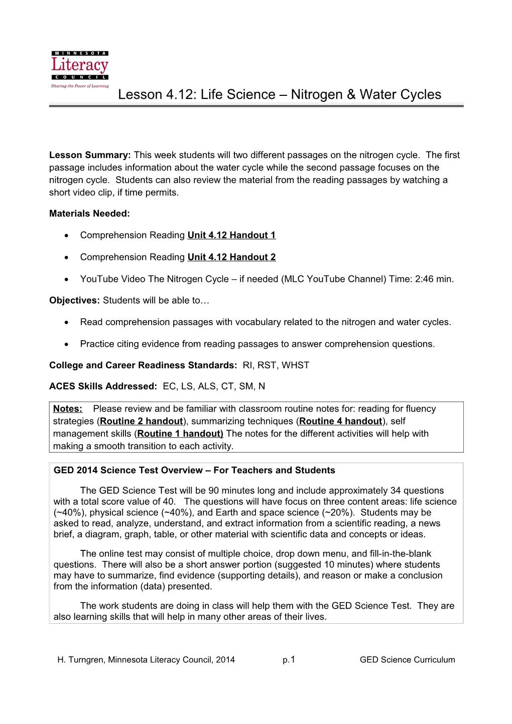 Comprehension Reading Unit 4.12 Handout 1