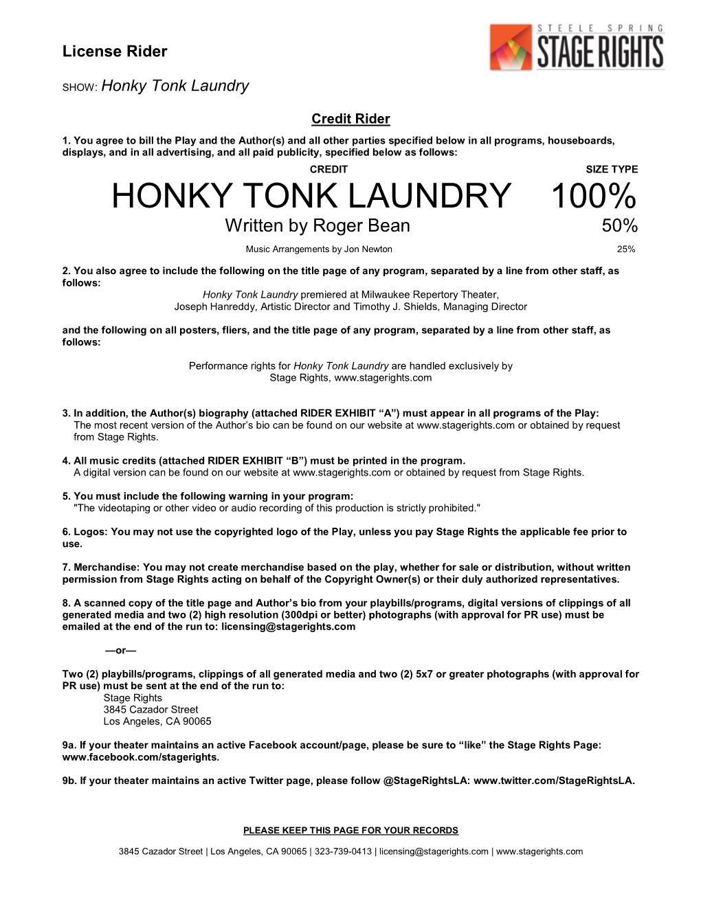 HONKY TONK LAUNDRY 100% Written by Roger Bean 50%