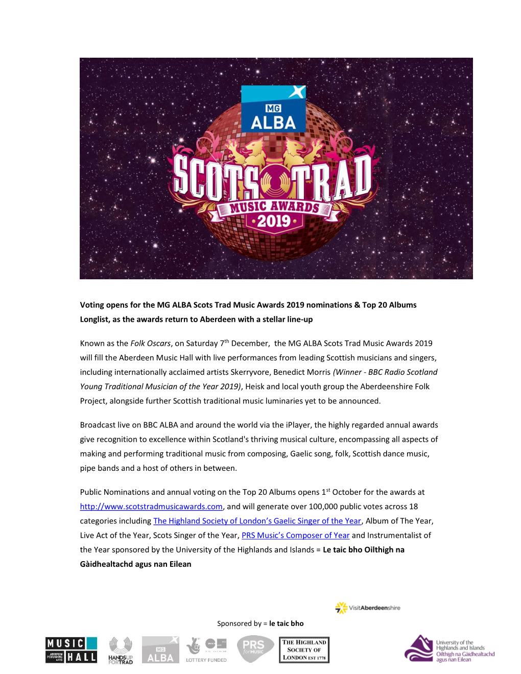 Voting Opens for the MG ALBA Scots Trad Music Awards 2019 Nominations & Top 20 Albums Longlist, As the Awards Return to Aberdeen with a Stellar Line-Up
