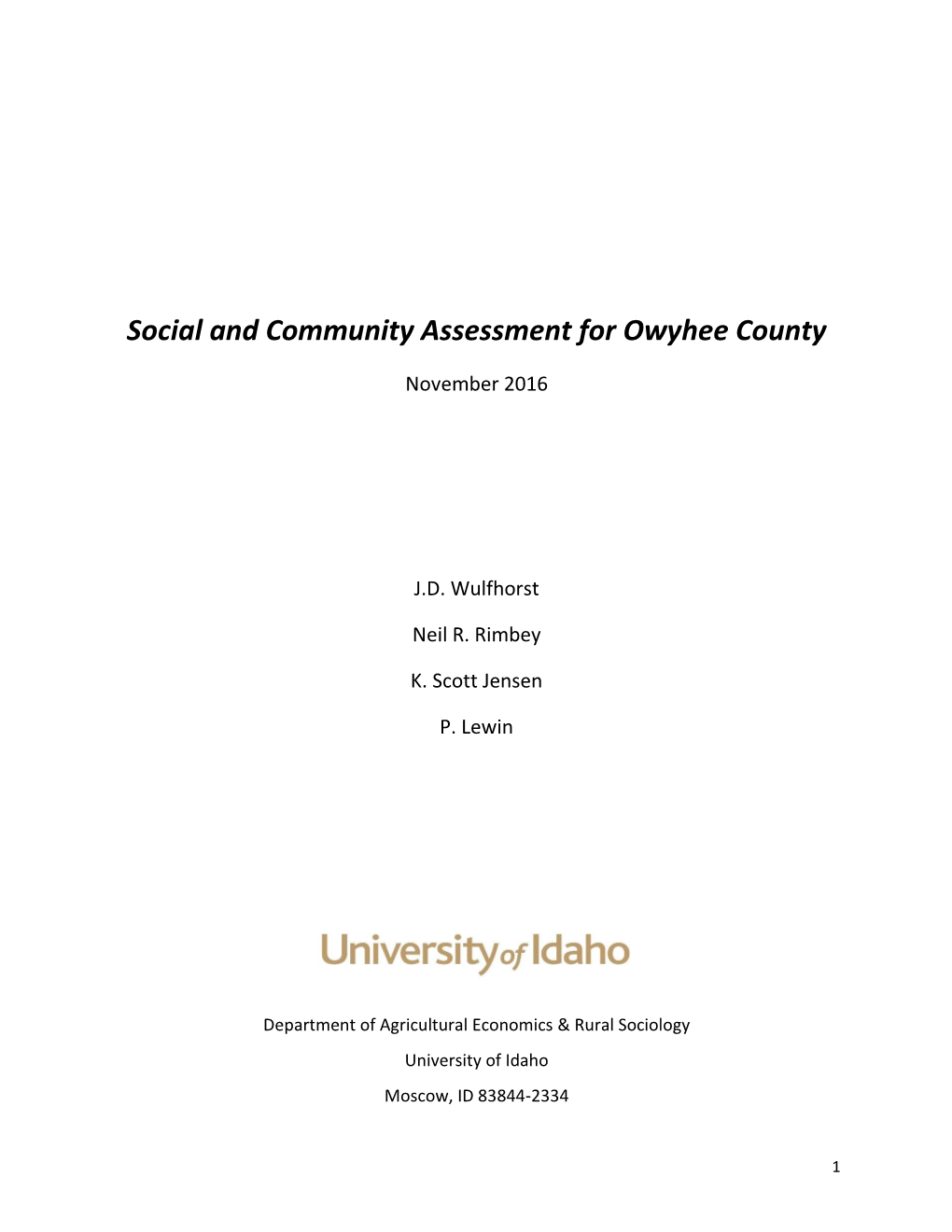 Social and Community Assessment for Owyhee County