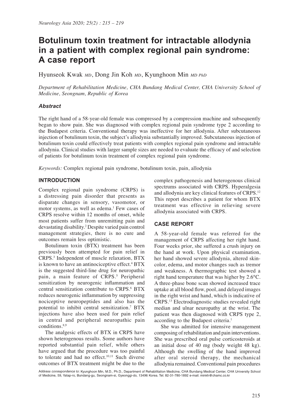 Botulinum Toxin Treatment for Intractable Allodynia in a Patient with Complex Regional Pain Syndrome: a Case Report